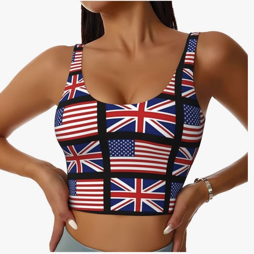 Nruairly Flag Print U-Back Sports Bra Crop Top – Bold Scoop Neck Activewear Tank